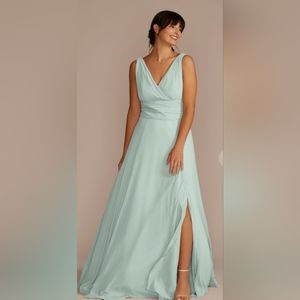 DAVID'S BRIDAL DUSTY SAGE CHIFFON BRIDESMAID DRESS